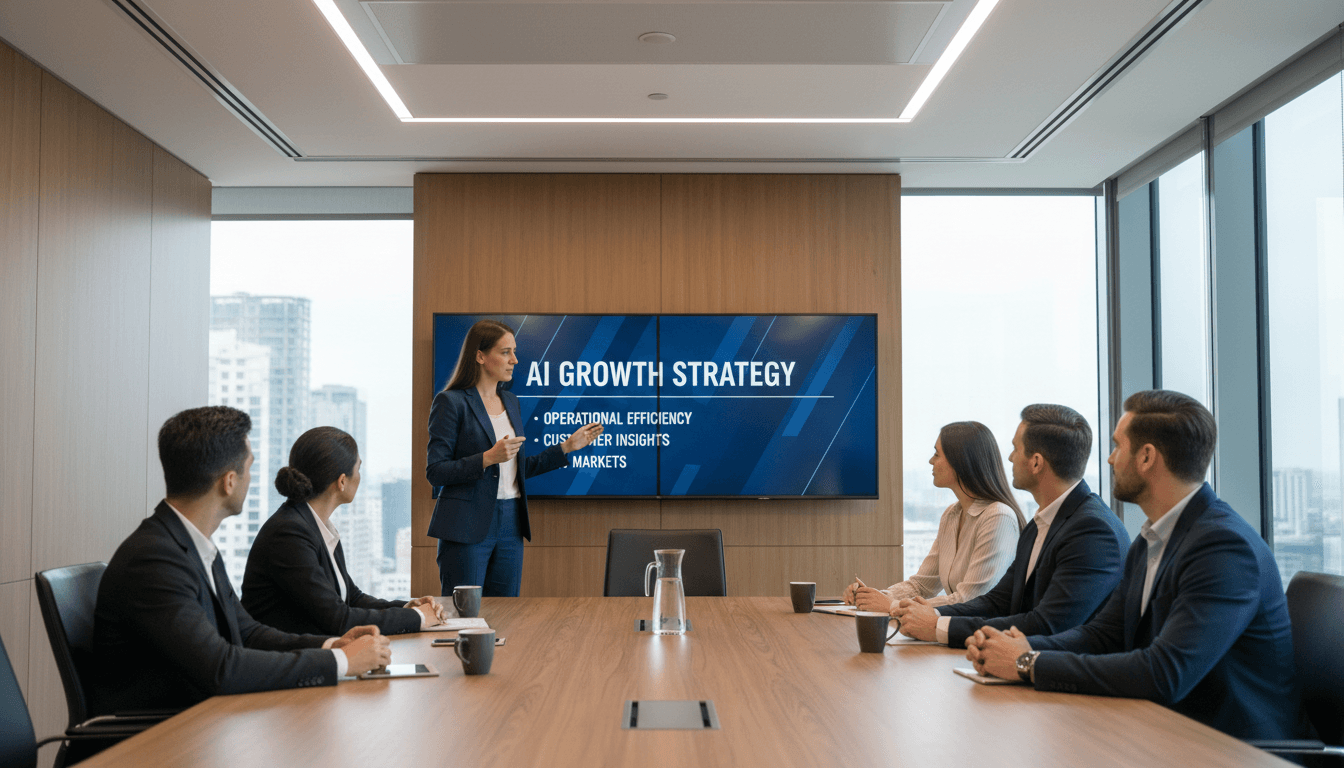 Consultant presenting AI concepts to a small group in a modern meeting room