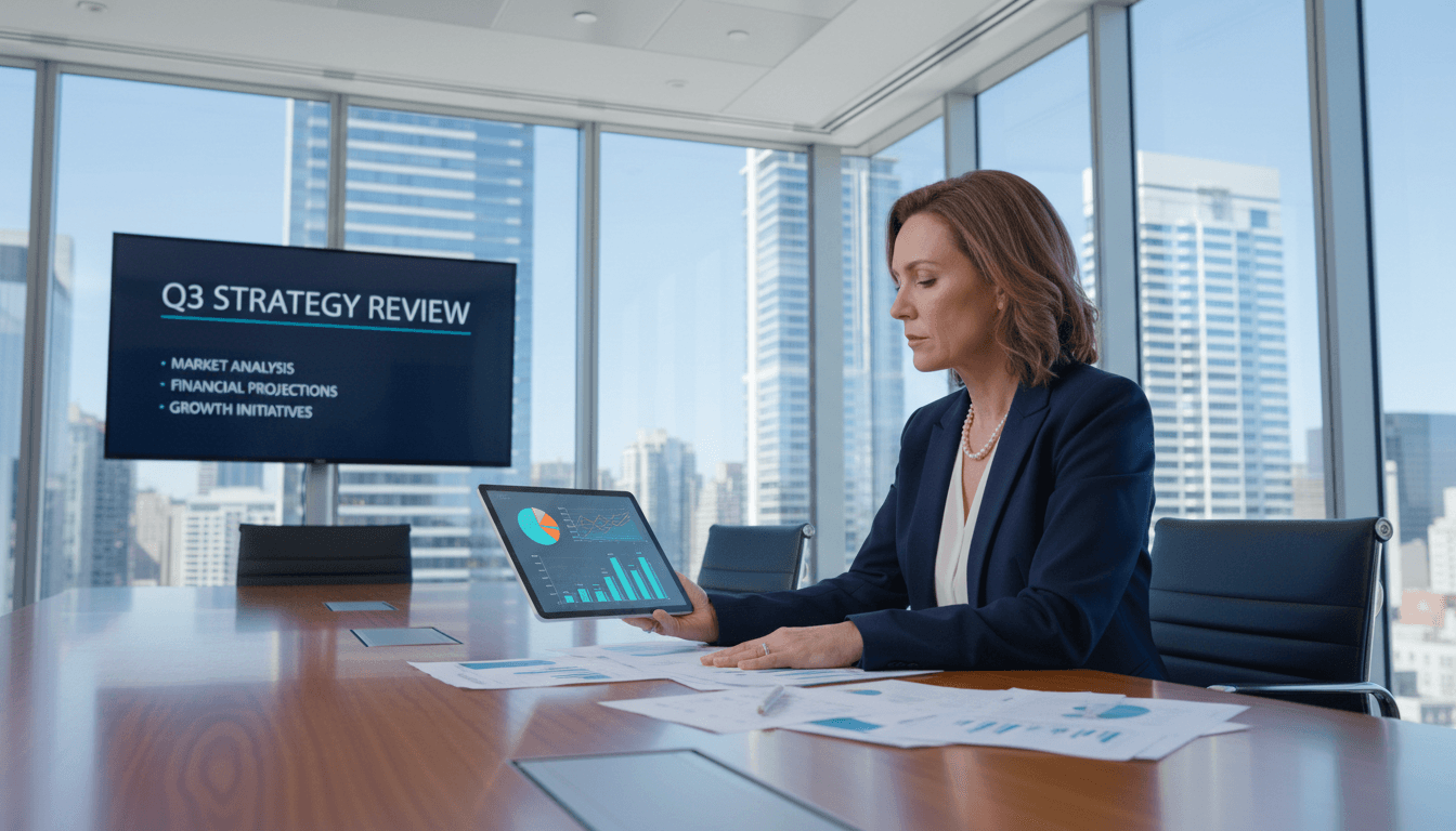 Business consultant reviewing documents and charts on a tablet