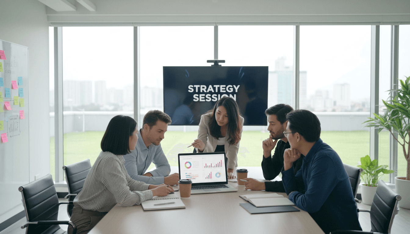 Team collaborating around a laptop in a modern meeting room