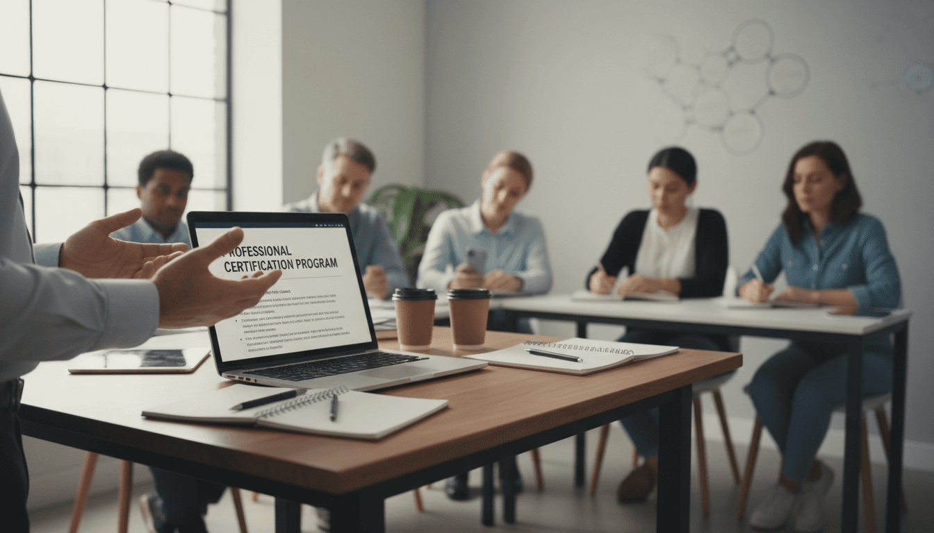 Professional instructor leading a group workshop in a bright modern training room with laptops and presentation screen