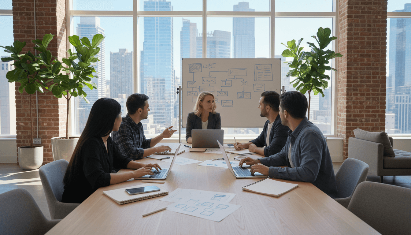 Professional team meeting in a bright modern office with laptops and natural light