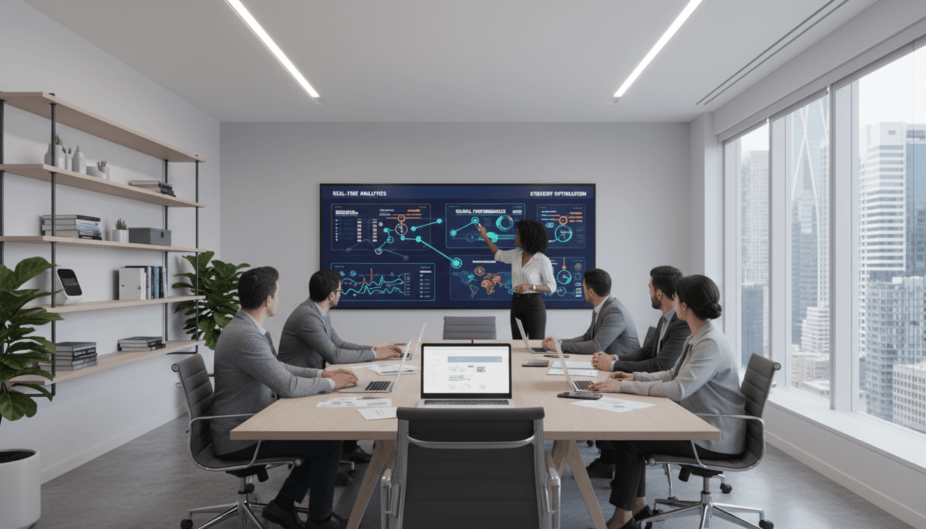 Bright modern office meeting room with people discussing data on a large screen